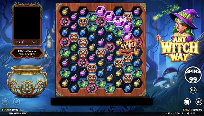 Any Witch Way - screen ng laro na may palayok at 9×8 grid